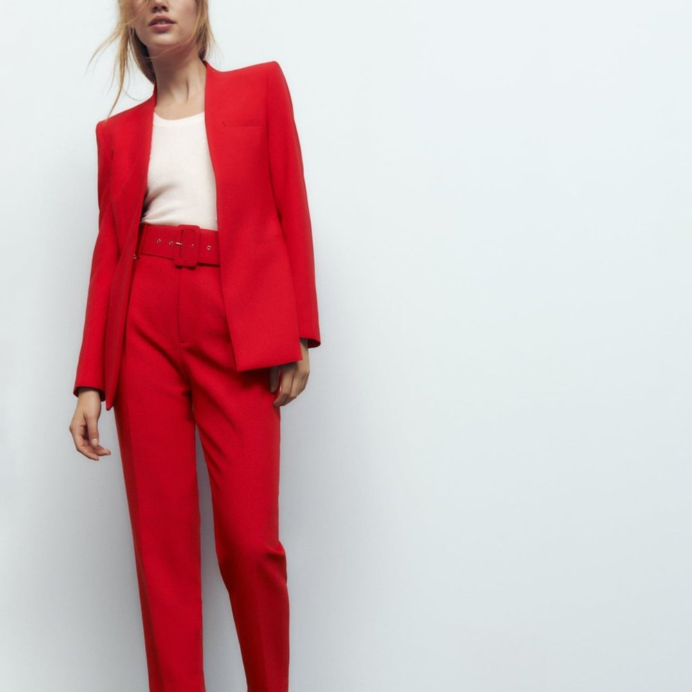 ZARA  LAPELLESS FITTED BLAZER and PANTS WITH FABRIC-COVERED BELT